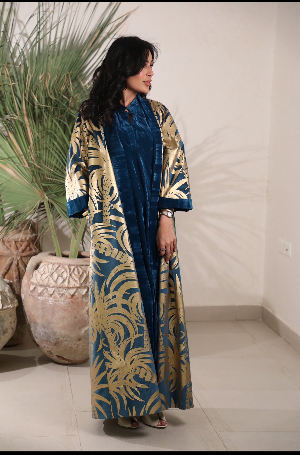 Velvet Teal Bisht set palm print