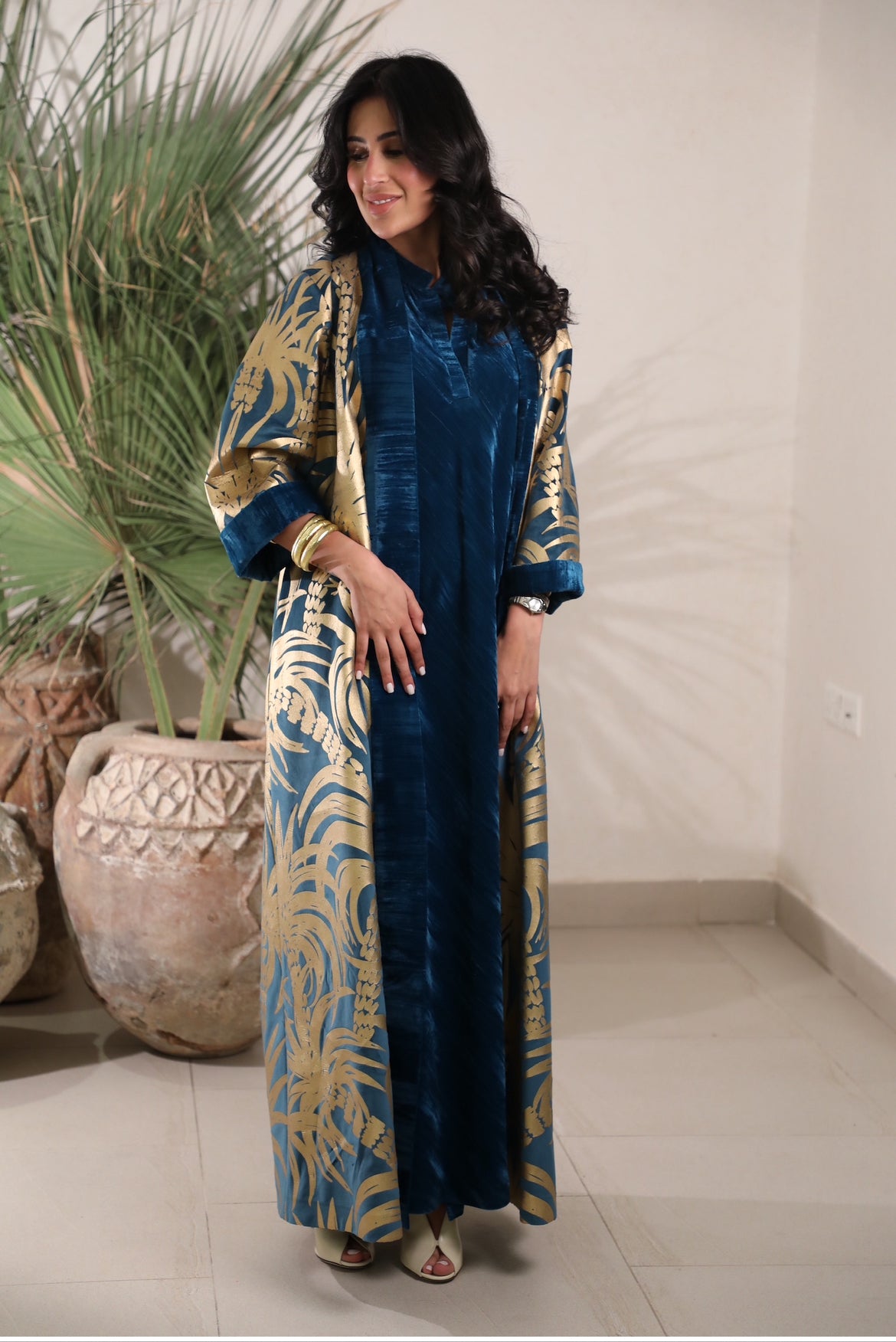 Velvet Teal Bisht palm print