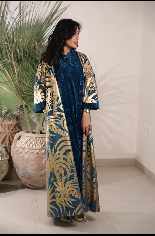 Velvet Teal Bisht palm print