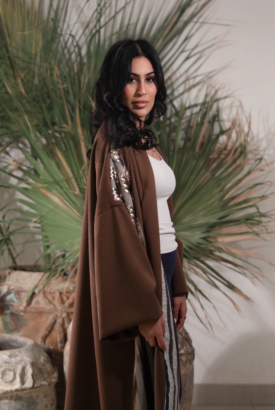 Brown Cotton Bisht with Striped linning