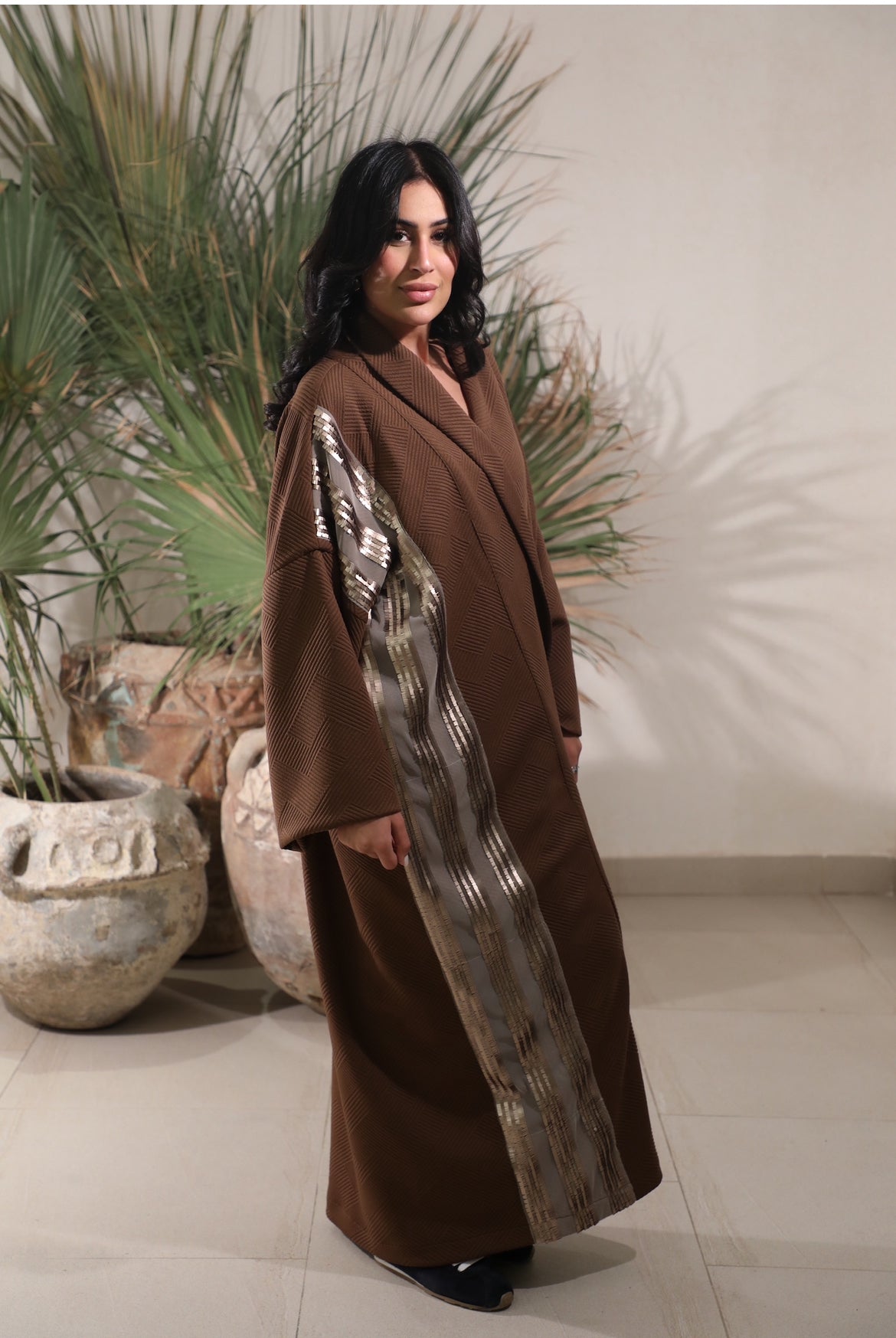 Brown Cotton Bisht with Striped linning