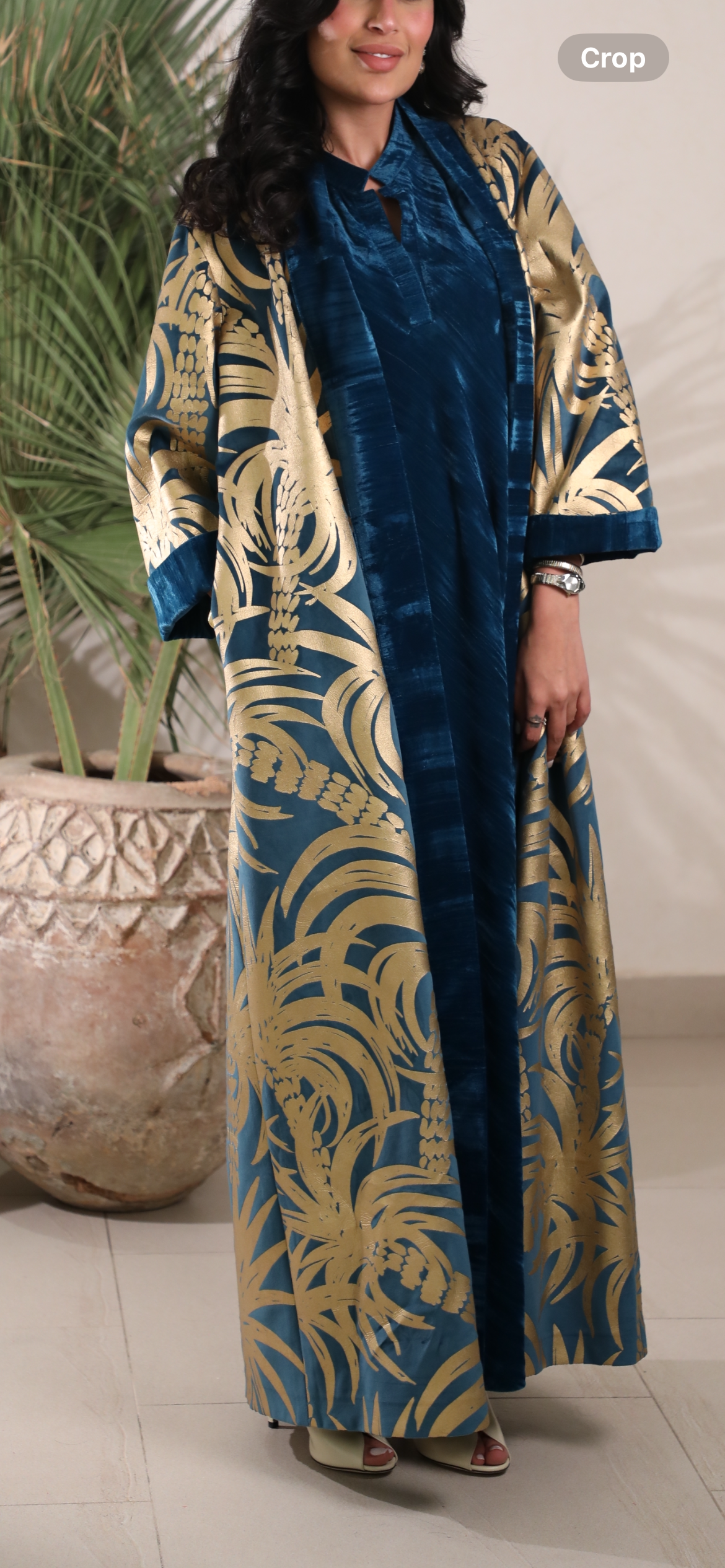 Velvet Teal Bisht palm print